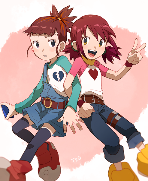 belt black_legwear broken_heart_print brown_eyes brown_hair commentary_request cosplay costume_switch crossover denim digimon digimon_tamers digimon_xros_wars hinomoto_akari jeans makino_ruki multiple_girls open_mouth overalls pants ponytail redhead shirt short_hair smile t_k_g thigh-highs twintails wristband yellow_eyes