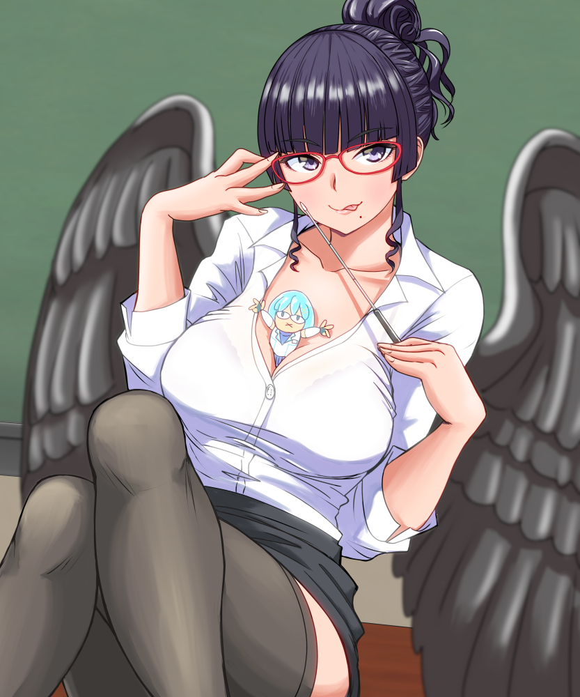 1girl adjusting_eyewear bangs between_breasts black-framed_eyewear black_hair black_legwear black_skirt black_wings blunt_bangs breasts chalkboard cleavage collarbone commentary_request dead_or_alive dead_or_alive_6 desk eyebrows_visible_through_hair feathered_wings glasses hime_cut hiroyama_(hpzg5374) holding indoors karasu_tengu large_breasts legs_crossed licking_lips long_hair looking_at_viewer mole mole_under_mouth nico_(doa) nyotengu on_desk shirt sitting skirt solo stuffed_toy tengu thigh-highs tongue tongue_out violet_eyes white_shirt wings