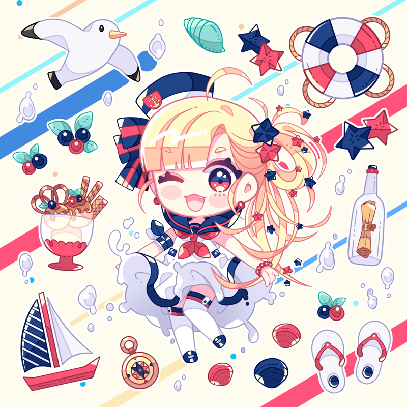 1girl ;d ahoge anchor_symbol animal bangs bird blonde_hair blue_bow blue_footwear blue_headwear blue_sailor_collar blush_stickers boat bottle bow brown_background chibi compass dress eyebrows_visible_through_hair food hair_bow hair_ornament hair_rings hat ice_cream ie_(nyj1815) lifebuoy long_hair mary_janes message_in_a_bottle neckerchief one_eye_closed open_mouth original red_eyes red_neckwear sailboat sailor_collar sailor_dress sandals seagull seashell shell shoes sleeveless sleeveless_dress smile solo star star_hair_ornament striped striped_bow thigh-highs tilted_headwear very_long_hair wafer_stick watercraft white_dress white_footwear white_legwear