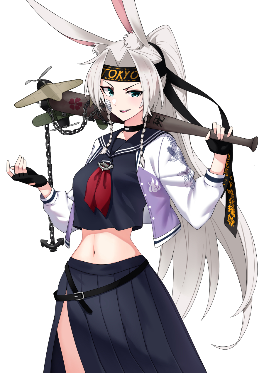 1girl aircraft airplane anchor animal_ear_fluff animal_ears animal_print azur_lane baseball_bat black_gloves black_headband blue_sailor_collar blue_shirt blue_skirt braid breasts buckle chains child_(isoliya) choker clothes_writing commentary_request cowboy_shot crop_top crop_top_overhang eyebrows eyebrows_visible_through_hair fingerless_gloves fingernails fish_print gloves green_eyes grin hair_intakes hand_on_hip headband high_ponytail highres hiryuu_(azur_lane) holding loafers long_hair long_skirt medium_breasts midriff navel neckerchief open_clothes over_shoulder pleated_skirt ponytail rabbit_ears sailor_collar school_uniform serafuku shirt shoes side_slit simple_background skirt smile solo standing stomach sukeban tachi-e uneven_eyes very_long_hair white_background white_hair