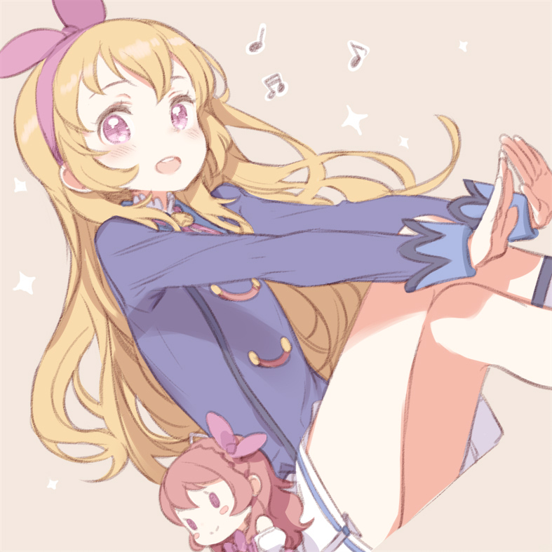 1girl :d aikatsu! aikatsu!_(series) beamed_sixteenth_notes blazer blonde_hair blue_jacket blush bow brown_background character_doll dutch_angle eighth_note hair_bow hairband hoshimiya_ichigo jacket kuroboshi_kouhaku legs_crossed long_hair looking_at_viewer music musical_note oozora_akari open_mouth outstretched_arms pink_bow quarter_note red_eyes round_teeth school_uniform simple_background singing sitting skirt smile solo sparkle starlight_academy_uniform teeth upper_teeth white_skirt