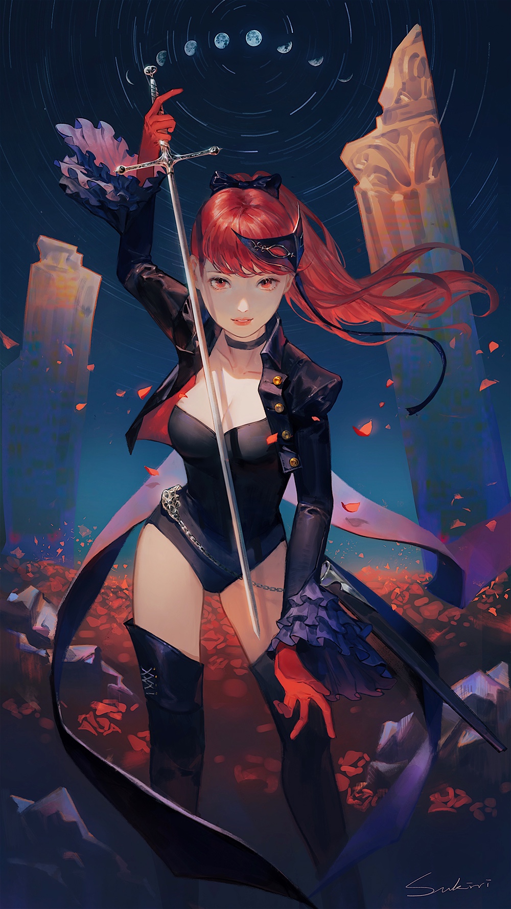 1girl black_jacket black_legwear bow breasts chains cleavage collarbone gloves highres jacket leotard long_hair looking_at_viewer mask mask_on_head medium_breasts parted_lips persona persona_5 persona_5_the_royal petals ponytail red_eyes red_gloves redhead sky solo standing star_(sky) starry_sky sukly sword thigh-highs weapon yoshizawa_kasumi