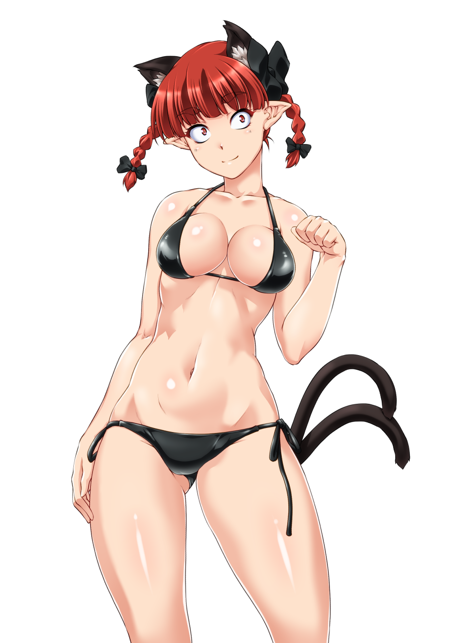 1girl animal_ear_fluff animal_ears bangs bare_arms bare_legs bare_shoulders bikini black_bikini black_bow blunt_bangs bow braid breasts cat_ears cat_tail cleavage closed_mouth collarbone commentary_request constricted_pupils contrapposto cowboy_shot extra_ears eyebrows_visible_through_hair gluteal_fold hair_bow halter_top halterneck hand_up head_tilt highres kaenbyou_rin looking_at_viewer medium_breasts multiple_tails navel nekomata ootsuki_wataru paw_pose pointy_ears red_eyes redhead short_hair side-tie_bikini smile solo standing stomach swimsuit tail thick_eyebrows thighs touhou transparent_background twin_braids twintails two_tails