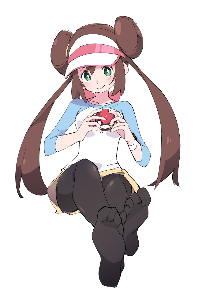 1girl black_legwear brown_hair closed_mouth creatures_(company) double_bun game_freak green_eyes holding holding_poke_ball ixy legwear_under_shorts long_hair looking_at_viewer mei_(pokemon) nintendo pantyhose poke_ball pokemon pokemon_(game) pokemon_bw2 raglan_sleeves shorts simple_background sitting smile solo twintails visor_cap white_background yellow_shorts