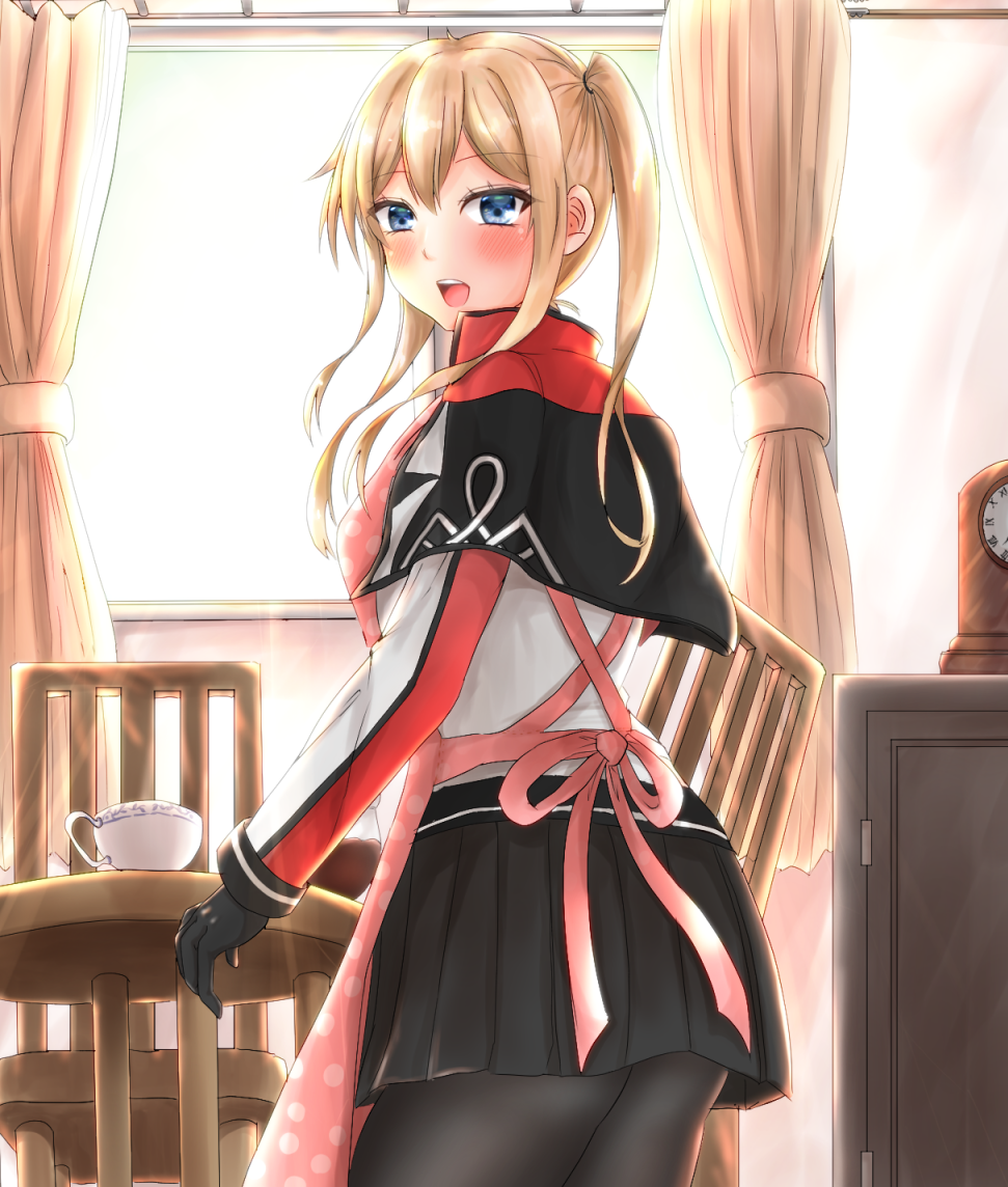 1girl apron black_legwear black_skirt blonde_hair capelet celtic_knot chair clock commentary_request cowboy_shot cup curtains from_behind graf_zeppelin_(kantai_collection) hair_between_eyes jacket kantai_collection kaoru_(kitada1026) looking_at_viewer looking_back miniskirt sidelocks skirt solo table teacup tsurime twintails window