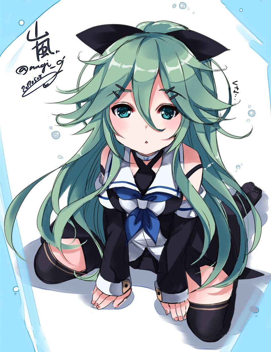 1girl bangs black_legwear black_ribbon black_serafuku black_skirt character_name detached_sleeves gouda_nagi green_eyes green_hair hair_between_eyes hair_ornament hair_ribbon hairclip highres kantai_collection long_hair looking_at_viewer neckerchief parted_bangs pleated_skirt ponytail ribbon school_uniform serafuku sidelocks signature sitting skirt sleepy solo thigh-highs twitter_username two-tone_background wariza yamakaze_(kantai_collection)