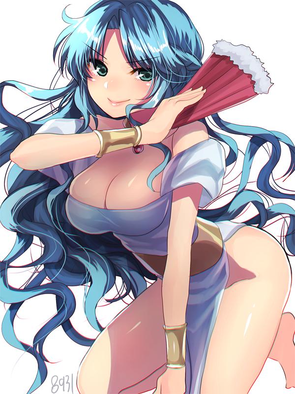 &gt;:) 1girl aqua_eyes bare_legs bare_shoulders barefoot blue_dress blue_hair bracer breasts cleavage closed_eyes closed_mouth dress eyebrows_visible_through_hair fan folding_fan hakusai_ponzu holding holding_fan large_breasts long_hair looking_at_viewer madou_monogatari no_panties pelvic_curtain puyopuyo rulue_(puyopuyo) sash side_slit simple_background smile solo v-shaped_eyebrows very_long_hair wavy_hair white_background