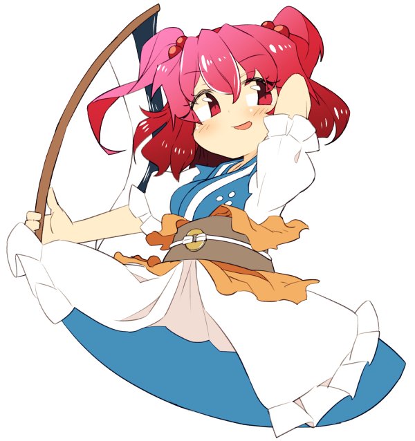 :d blue_dress blush coin coin_(ornament) commentary_request dress eyebrows_visible_through_hair frilled_dress frilled_sleeves frills hair_bobbles hair_ornament hand_behind_head holding holding_weapon ini_(inunabe00) japanese_clothes looking_to_the_side onozuka_komachi open_mouth pink_hair puffy_short_sleeves puffy_sleeves red_eyes redhead scythe short_sleeves smile tagme touhou weapon white_background