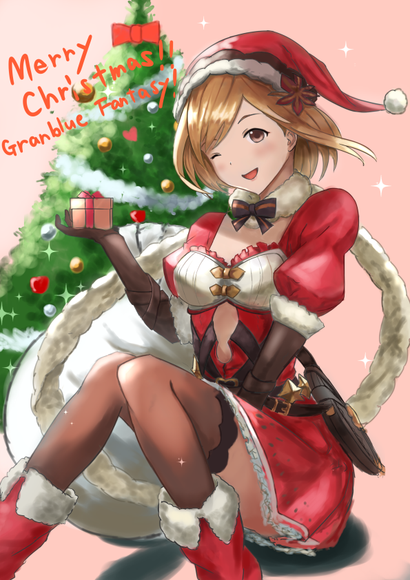 1girl ;d aqua_(popogori) between_legs boots box brown_eyes brown_gloves brown_hair brown_legwear christmas_tree copyright_name cutout djeeta_(granblue_fantasy) frilled_skirt frills fur-trimmed_boots fur-trimmed_hat fur-trimmed_sleeves fur_trim gift gift_box gloves granblue_fantasy hand_between_legs hat holding holding_box looking_at_viewer merry_christmas miniskirt one_eye_closed open_mouth pink_background red_footwear red_headwear red_skirt santa_hat shiny shiny_hair short_hair short_sleeves sitting skirt smile solo sparkle striped striped_neckwear thigh-highs