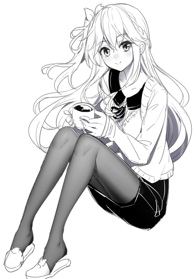 1girl blush braid closed_mouth collarbone collared_shirt commentary cup emily_stock full_body greyscale head_tilt holding holding_cup jacket long_hair long_sleeves monochrome neck_ribbon nose_blush one_side_up original pantyhose ribbon ririko_(zhuoyandesailaer) shirt simple_background sitting skirt sleeves_past_wrists slippers smile solo symbol_commentary very_long_hair white_background