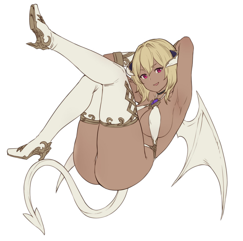 1girl armpits arms_up ass bangs blonde_hair boots breasts cleavage dark_skin demon_girl demon_horns demon_tail demon_wings eyebrows_visible_through_hair full_body hair_between_eyes high_heel_boots high_heels horns houtengeki large_breasts looking_at_viewer open_mouth original red_eyes short_hair simple_background smile solo tail thigh-highs thigh_boots white_background white_footwear wings