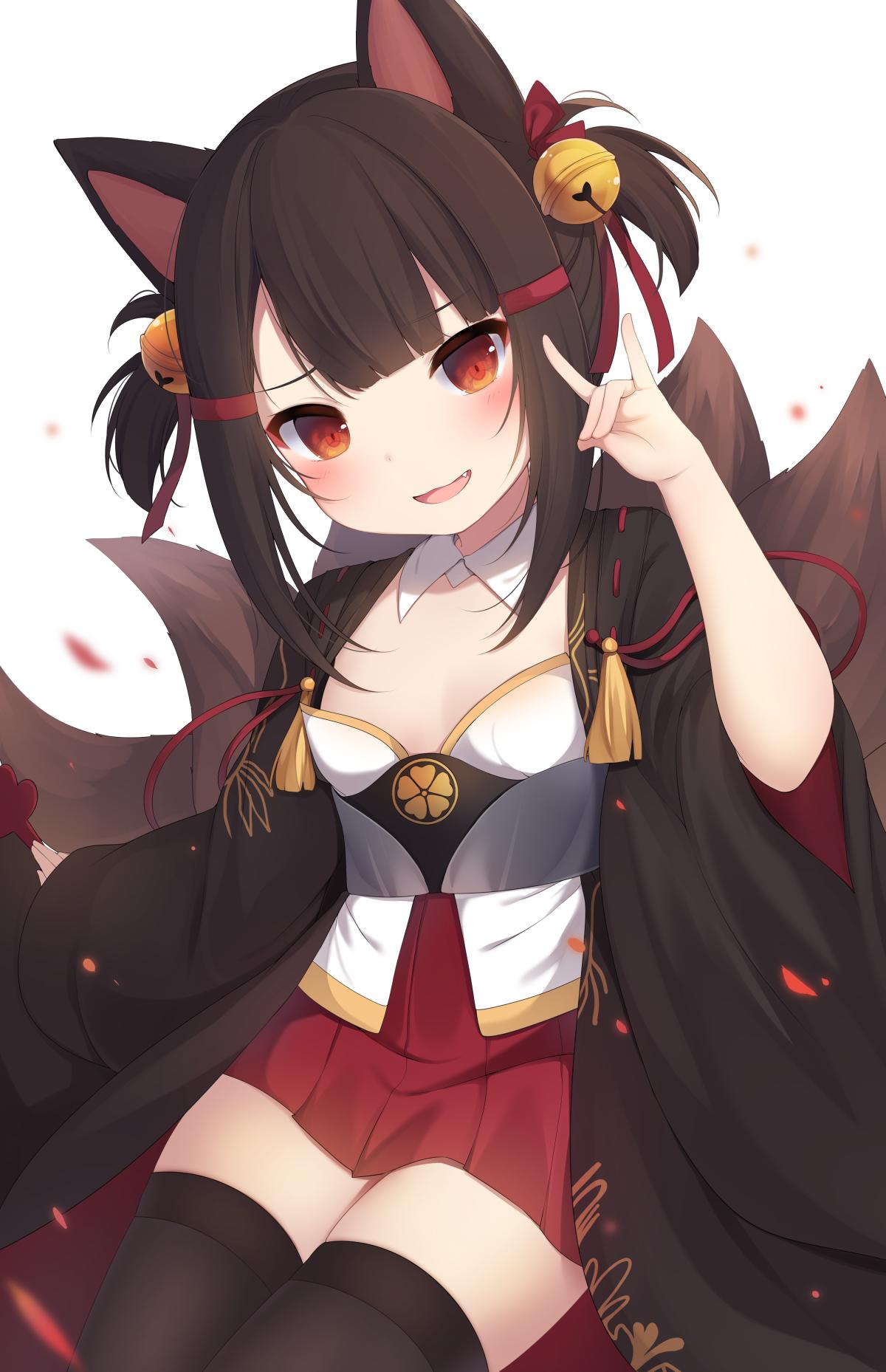 1girl :d akagi-chan_(azur_lane) akagi_(azur_lane) amashiro_natsuki animal_ears azur_lane bell black_kimono black_legwear blush bow brown_hair commentary_request fang fox_ears fox_girl fox_shadow_puppet fox_tail hair_bell hair_bow hair_ornament hand_up head_tilt highres japanese_clothes jingle_bell kimono kitsune long_sleeves looking_at_viewer open_clothes open_kimono open_mouth pleated_skirt red_bow red_eyes red_skirt short_twintails sidelocks simple_background sitting skirt sleeves_past_wrists smile solo strapless tail thigh-highs twintails white_background wide_sleeves