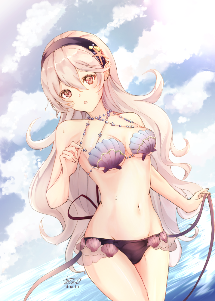 1girl :o artist_name atoatto bangs bare_arms bare_shoulders bikini black_bikini_bottom black_hairband blush breasts cleavage clouds cloudy_sky collarbone commentary_request cowboy_shot day eyebrows_visible_through_hair female_my_unit_(fire_emblem_if) fire_emblem fire_emblem_cipher fire_emblem_if hair_between_eyes hair_ornament hairband holding long_hair looking_at_viewer mamkute medium_breasts my_unit_(fire_emblem_if) navel nintendo ocean open_mouth outdoors pointy_ears red_eyes seashell see-through shell shell_bikini silver_hair simple_background sky smile stomach swimsuit very_long_hair water white_hair