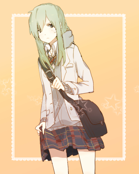 bad_id bad_pixiv_id bag bow bowtie green_hair holding holding_clothes holding_skirt jacket kagerou_project kido_tsubomi long_hair looking_at_viewer shishidodo skirt solo