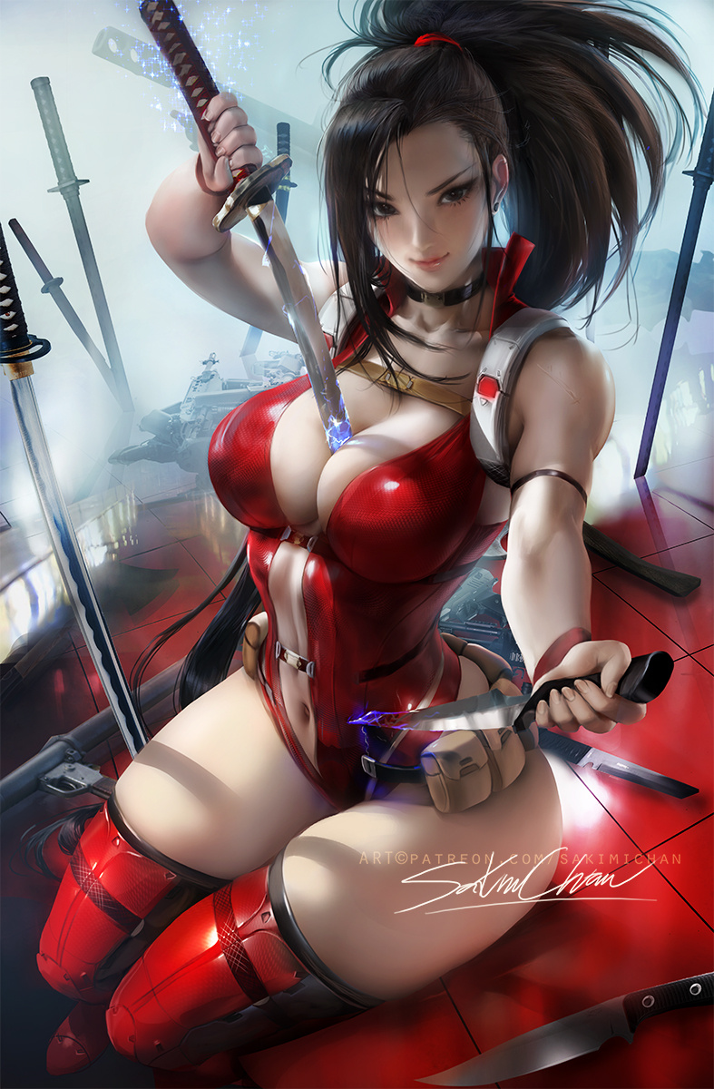 1girl artist_name banned_artist between_breasts black_eyes black_hair boku_no_hero_academia breasts center_opening choker cleavage closed_mouth gun high_ponytail highres holding holding_knife holding_sword holding_weapon katana knife large_breasts leotard lips long_hair looking_at_viewer matching_hair/eyes midriff navel patreon_username ponytail pouch red_legwear red_leotard sakimichan shiny shiny_hair shiny_skin signature sitting skindentation smile solo sword thigh-highs thighs watermark weapon web_address yaoyorozu_momo