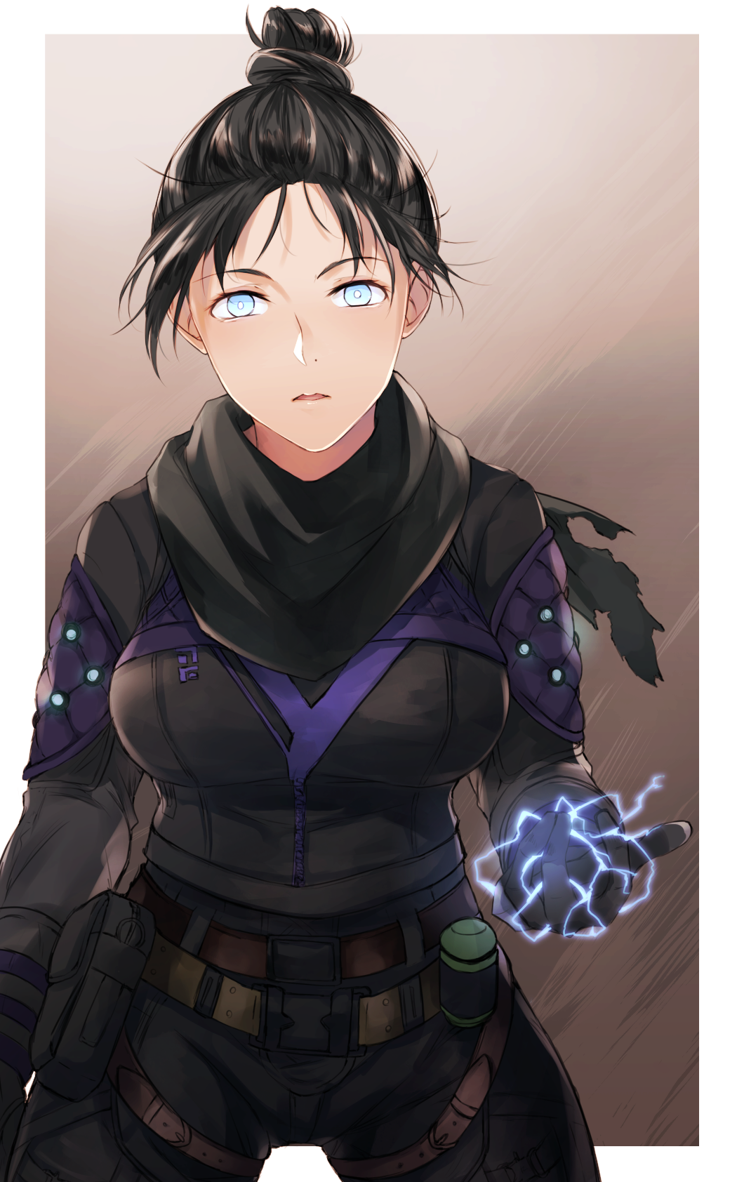 1girl apex_legends arm_at_side bangs belt belt_buckle biribiri black_bodysuit black_hair black_scarf blue_eyes bodysuit breasts buckle commentary_request electricity gloves hair_bun hand_up highres kurage_(11649021) legs_apart looking_at_viewer medium_breasts ninja no_pupils nose parted_lips scarf short_hair sidelocks solo standing thigh_strap utility_belt wraith_(apex_legends) zipper