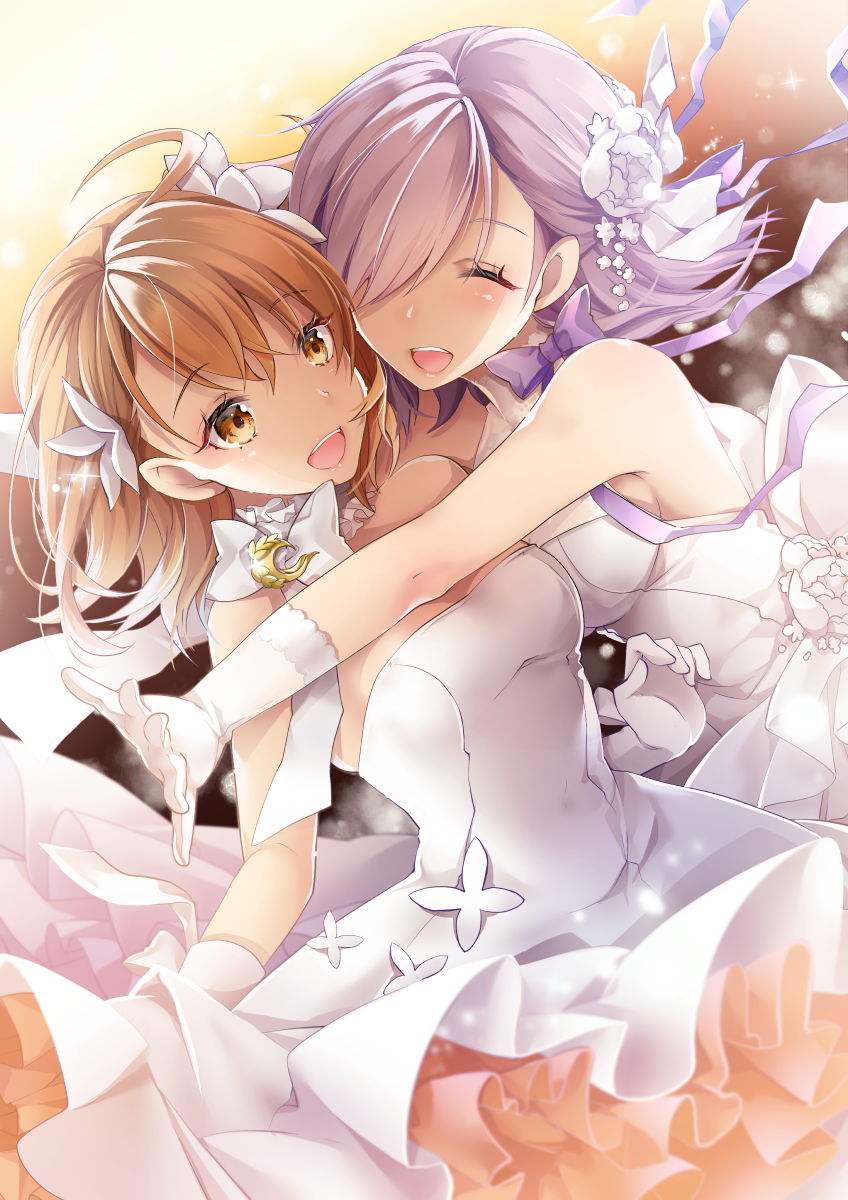 2girls :d ^_^ ahoge akatsuki_hijiri blush bow breasts brown_eyes brown_hair closed_eyes closed_eyes dress fate/grand_order fate_(series) fujimaru_ritsuka_(female) gloves hair_over_one_eye highres hug large_breasts layered_dress mash_kyrielight multiple_girls open_mouth purple_bow purple_hair short_hair side_ponytail smile strapless strapless_dress violet_eyes wedding_dress white_dress white_gloves