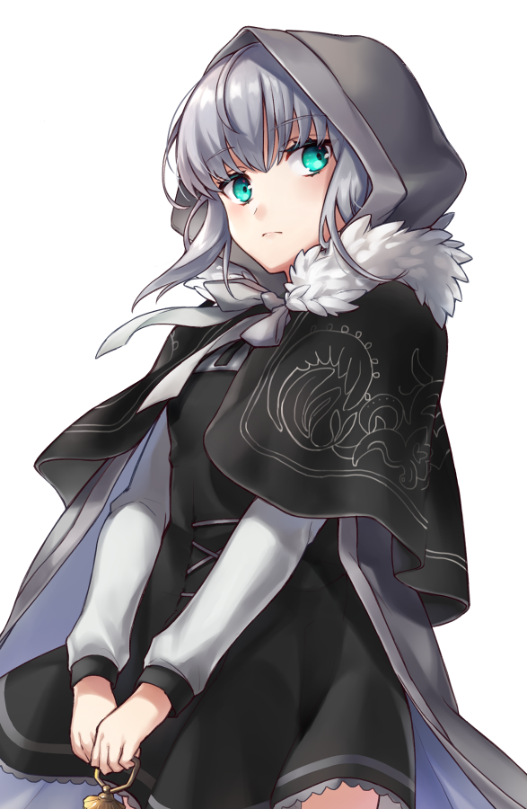 1girl bangs black_capelet black_dress blush cape capelet closed_mouth commentary_request dress eyebrows_visible_through_hair fate_(series) fur-trimmed_capelet fur_trim gray_(lord_el-melloi_ii) green_eyes grey_cape hair_between_eyes holding hood hood_up hooded_cape long_hair long_sleeves lord_el-melloi_ii_case_files own_hands_together shiao silver_hair simple_background solo white_background