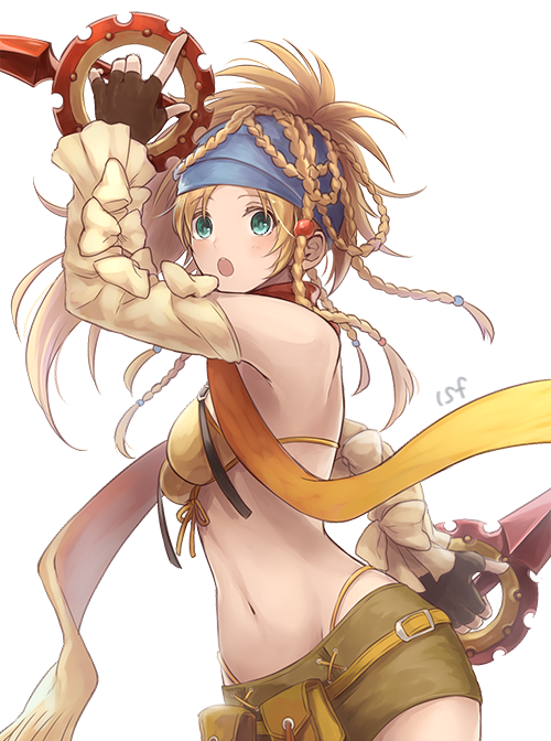 1girl :o aqua_eyes bikini blonde_hair braid breasts commentary_request detached_sleeves dual_wielding female final_fantasy final_fantasy_x final_fantasy_x-2 fingerless_gloves gloves green_eyes groin hair_ornament headband holding holding_weapon long_hair looking_at_viewer midriff miniskirt navel open_mouth rikku sasanomesi scarf simple_background skirt solo swimsuit thief thong weapon white_background