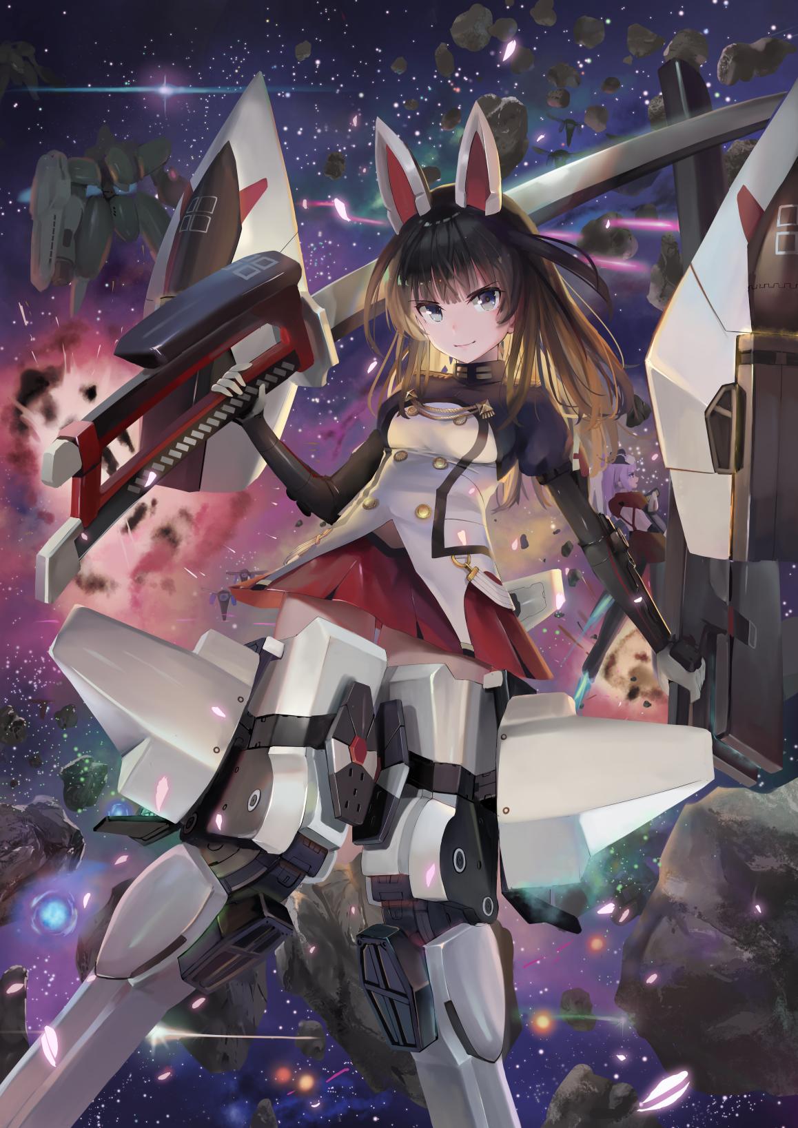 1girl agatsuma_kaede alice_gear_aegis animal_ears bangs black_eyes black_hair buttons debris explosion eyebrows_visible_through_hair fake_animal_ears headgear highres holding holding_sword holding_weapon katana looking_at_viewer mecha mecha_musume miniskirt red_skirt robot sheath skirt smile solo space sunga2usagi sword weapon