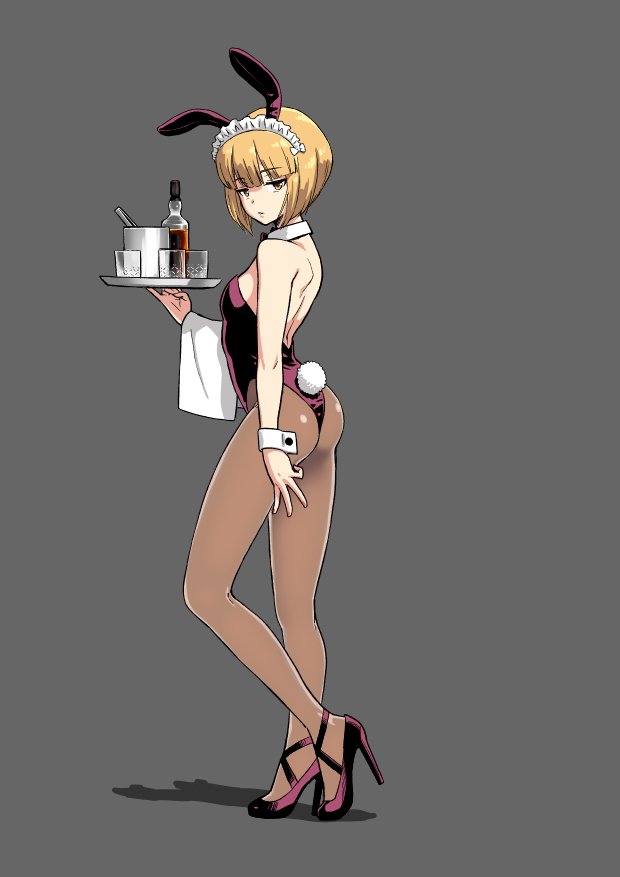 1girl alternate_costume animal_ears bare_back blonde_hair bottle bunny_tail bunnysuit commentary contrapposto cutlass_(girls_und_panzer) detached_collar girls_und_panzer glasses grey_background high_heels looking_at_viewer pantyhose rabbit_ears sabaku shadow short_hair solo tail tray wrist_cuffs yellow_eyes