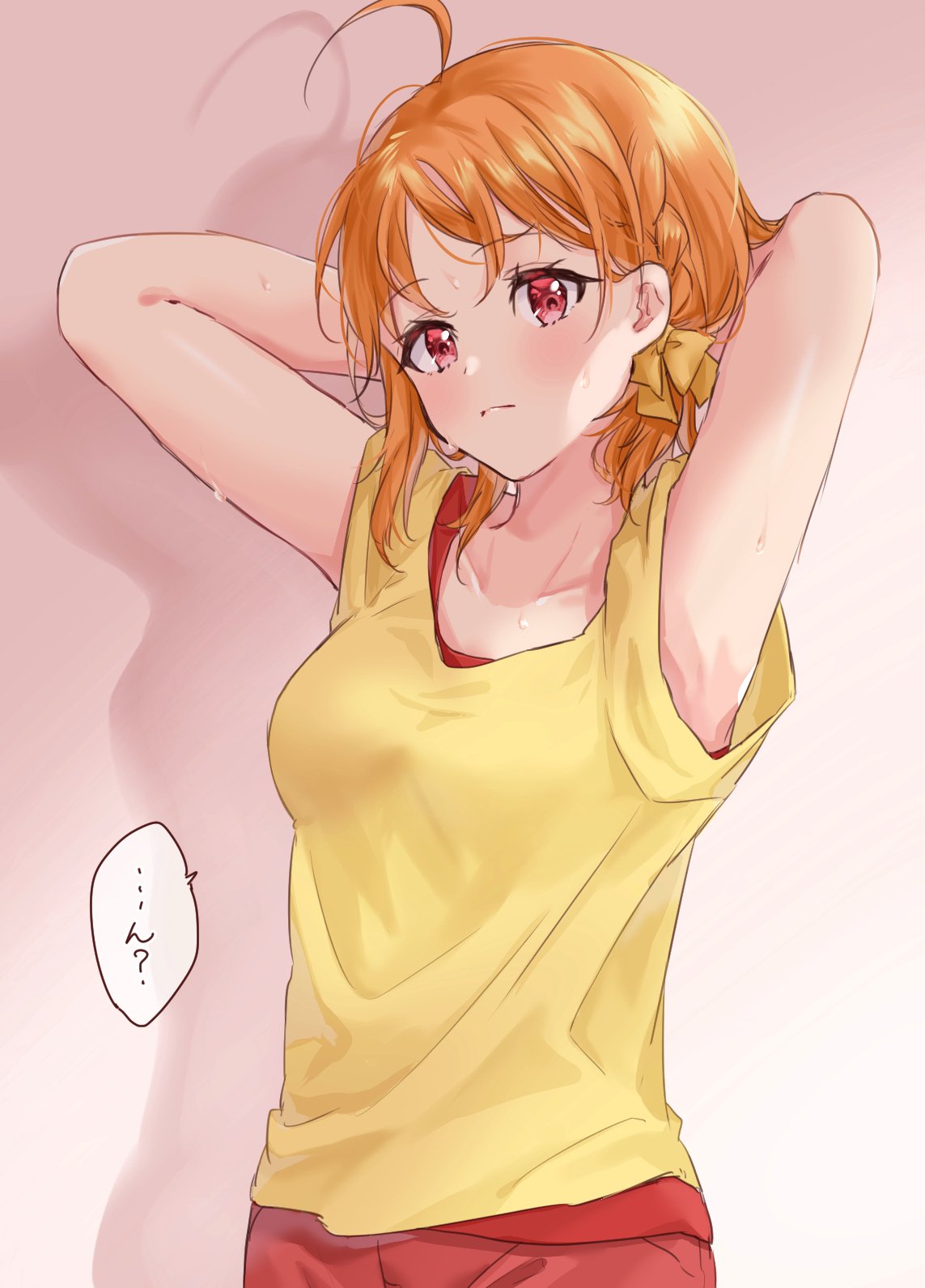 1girl ahoge armpits arms_behind_head arms_up bangs bow braid commentary_request hair_bow highres light_frown looking_at_viewer love_live! love_live!_sunshine!! minori_748 orange_hair red_eyes shadow shirt short_hair short_sleeves side_braid solo sweat t-shirt takami_chika upper_body yellow_bow yellow_shirt
