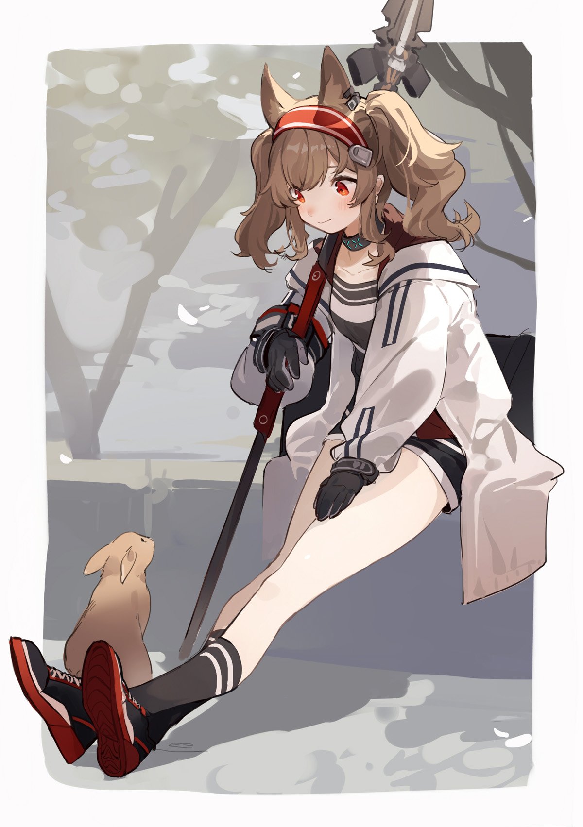 1girl animal_ears black_gloves blonde_hair choker dress forest glaive gloves hair_ornament headband highres holding_polearm kneehighs leaning_on_object long_hair nature original outdoors polearm rabbit red_eyes sh_(562835932) shoes sidelocks sidewalk smile sneakers thighs tree twintails wall weapon white_coat