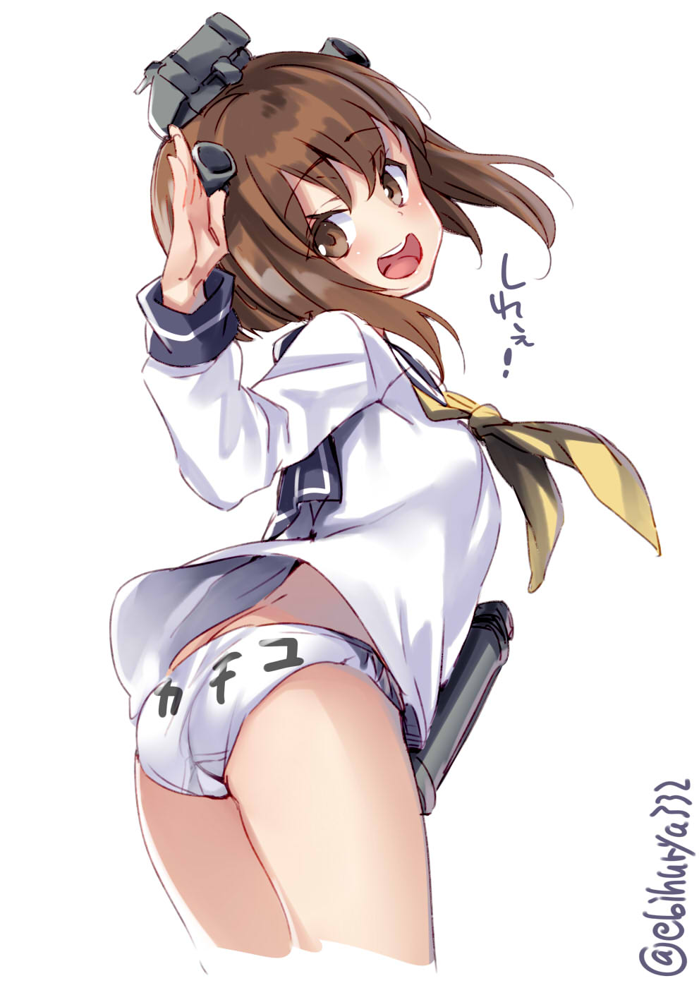 1girl arched_back ass bangs binoculars breasts brown_eyes brown_hair butt_crack cowboy_shot cropped_legs dress ebifurya eyebrows_visible_through_hair from_behind head_tilt headgear highres kantai_collection leaning_forward looking_at_viewer open_mouth panties sailor_collar sailor_dress salute school_uniform short_hair sidelocks small_breasts teeth thighs tongue translation_request underwear white_background white_panties yellow_neckwear yukikaze_(kantai_collection)