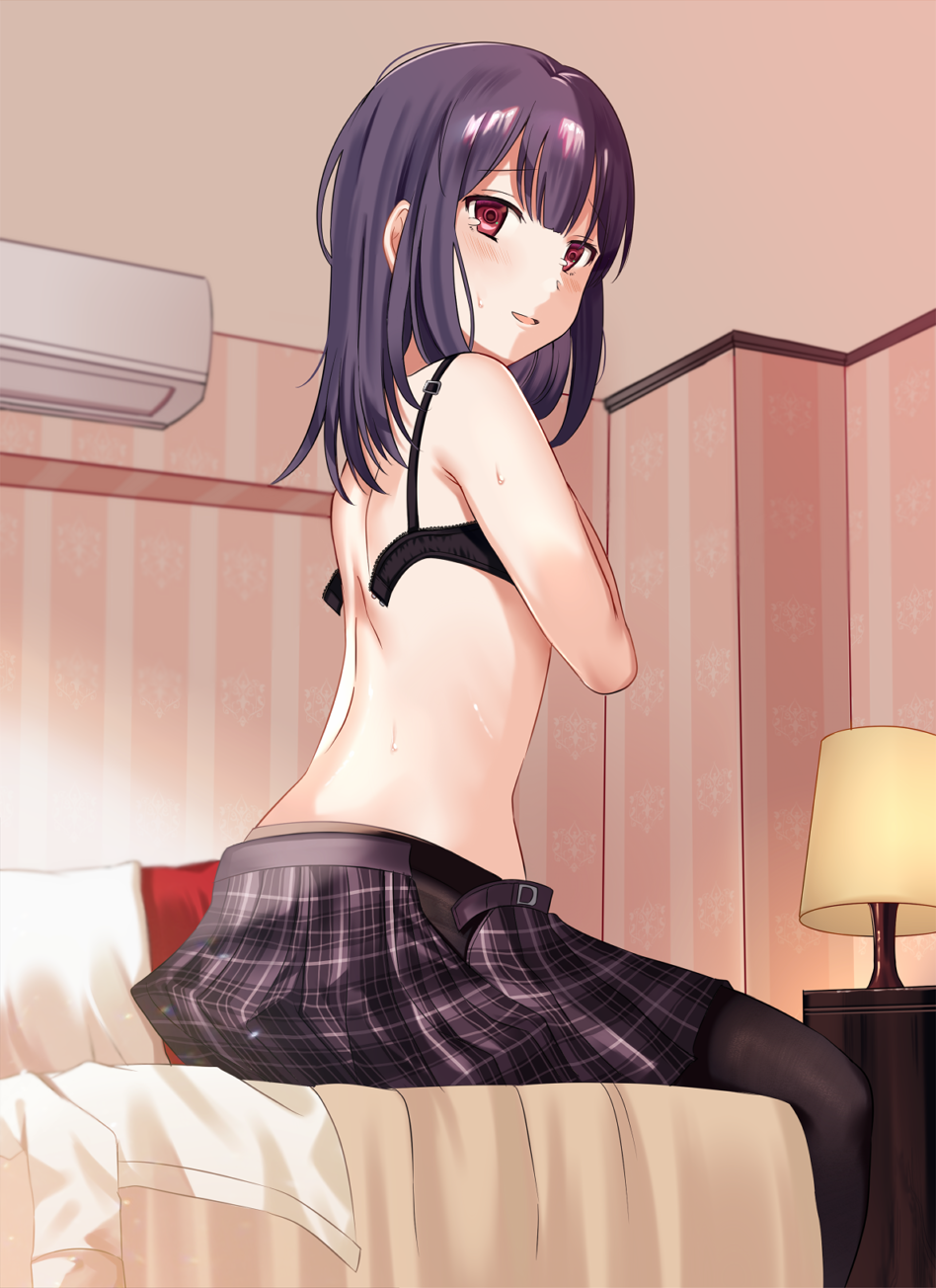 1girl back bangs bare_back bare_shoulders bed_sheet bedroom black_bra black_legwear blush bra commentary_request desk_lamp eyebrows_visible_through_hair from_above highres idolmaster idolmaster_shiny_colors indoors lamp long_hair looking_at_viewer looking_to_the_side morino_rinze on_bed open_bra open_clothes open_skirt pantyhose parted_lips pillow pink_eyes plaid plaid_skirt purple_hair purple_skirt shirt shirt_removed sitting sitting_on_bed skirt solo sweat takeume underwear white_shirt