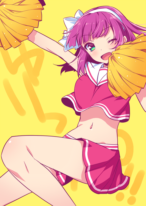 1girl ;d angel_beats! bow cheerleader collared_shirt crop_top floating_hair green_eyes hair_bow hairband looking_at_viewer midriff miniskirt navel one_eye_closed open_mouth pleated_skirt pom_poms purple_hair red_shirt red_skirt sailor_collar shiny shiny_hair shirt short_hair skirt sleeveless sleeveless_shirt smile solo stomach touon white_bow white_hairband white_sailor_collar yellow_background yuri_(angel_beats!)