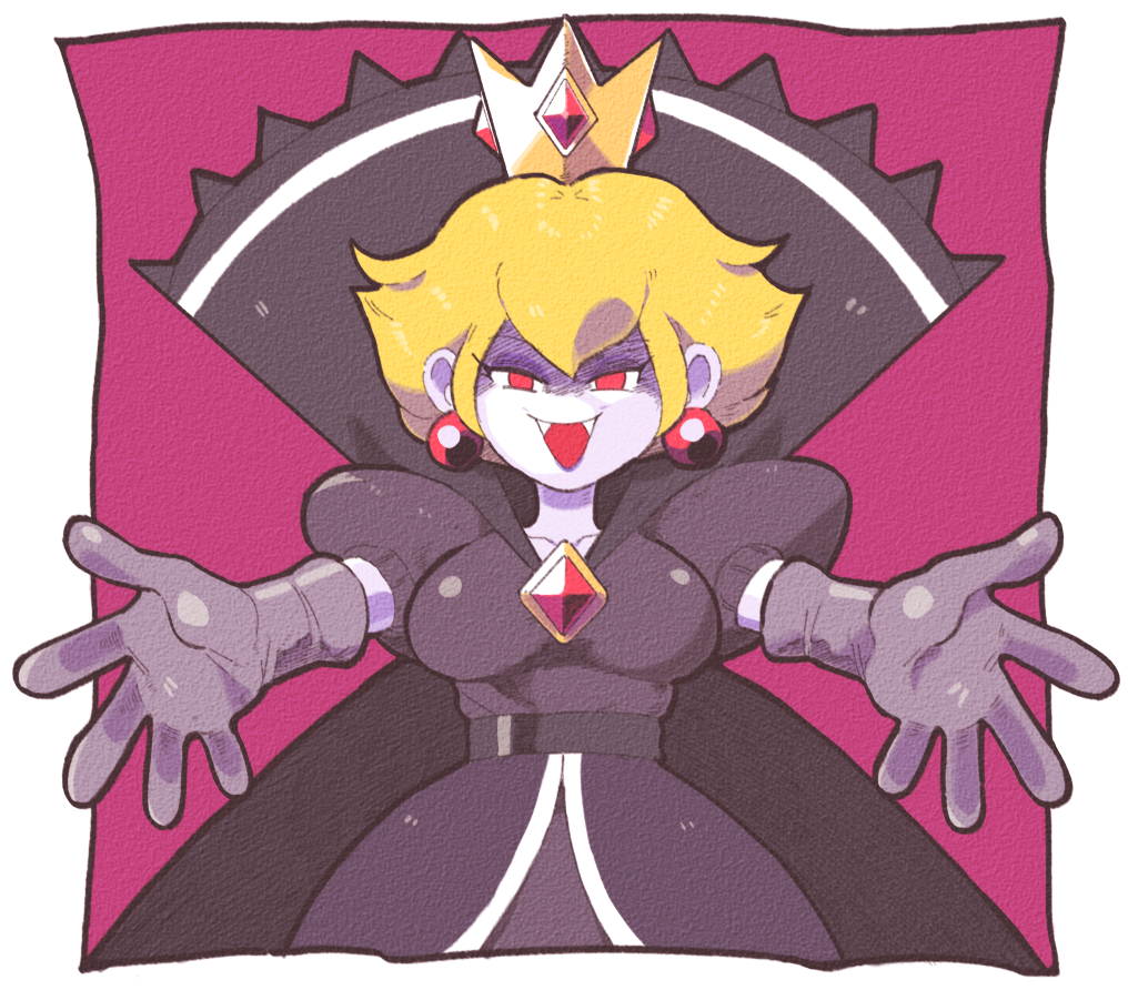 blonde_hair breasts cape crown dress earrings elbow_gloves fangs gloves high_collar inkerton-kun jewelry looking_at_viewer outstretched_arms paper_mario:_the_thousand_year_door princess_peach purple_dress purple_gloves red_eyes shadow_queen smile