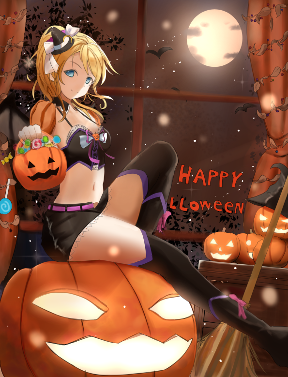 1girl aqua_(popogori) ayase_eli bat black_footwear black_headwear black_legwear black_skirt blonde_hair blue_eyes boots crop_top full_moon halloween halloween_costume happy_halloween hat knee_boots long_hair looking_at_viewer love_live! love_live!_school_idol_project midriff miniskirt moon navel pencil_skirt ponytail pumpkin sitting skirt smile solo stomach thigh-highs witch_hat