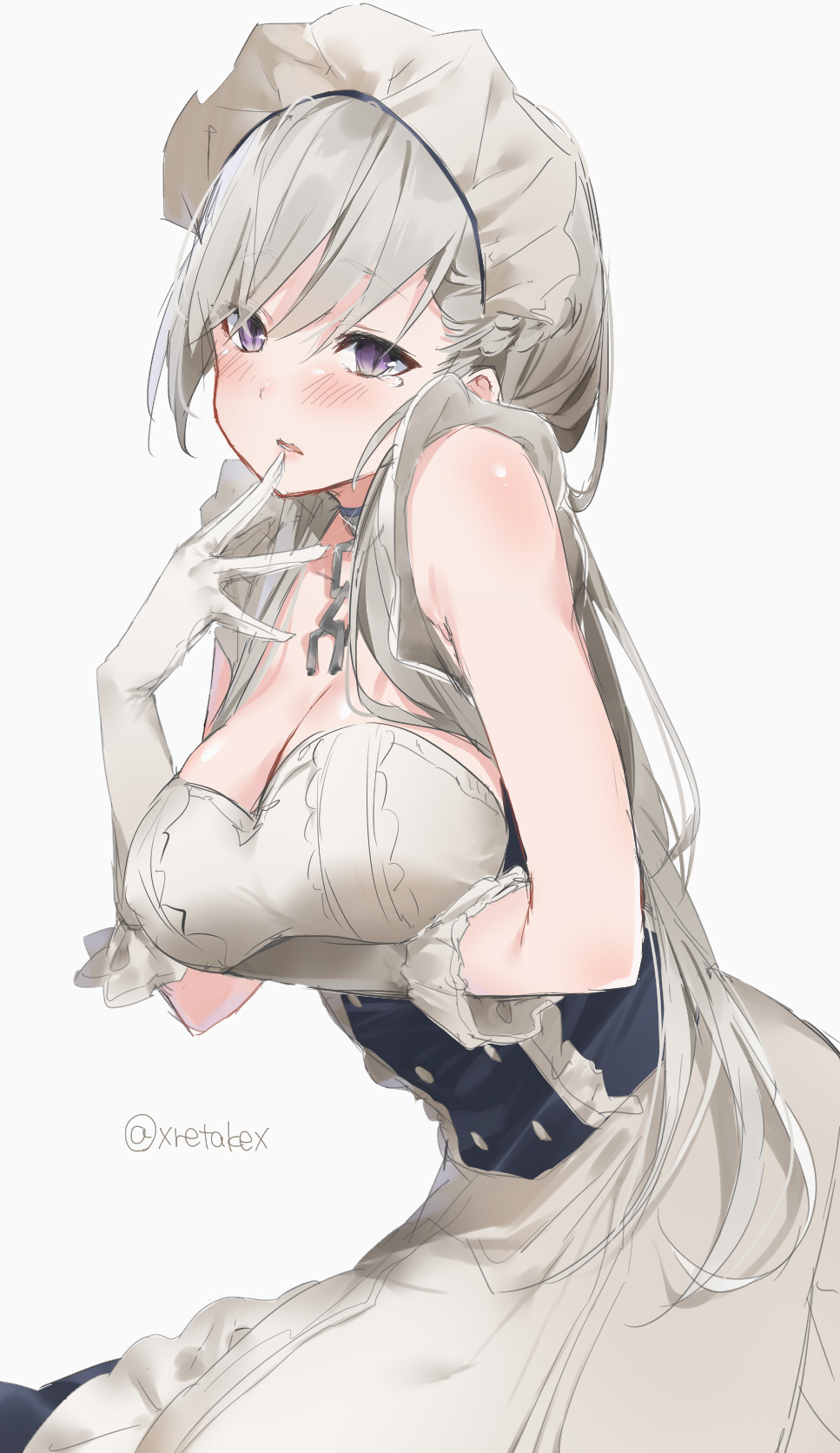 1girl apron azur_lane belfast_(azur_lane) blush breasts chains cleavage collar cowboy_shot dress elbow_gloves eyebrows_visible_through_hair gloves hair_between_eyes hand_to_own_mouth highres large_breasts long_hair looking_back maid maid_apron maid_headdress parted_lips silver_hair simple_background sketch sleeveless solo tears twitter_username violet_eyes white_background white_gloves xretakex
