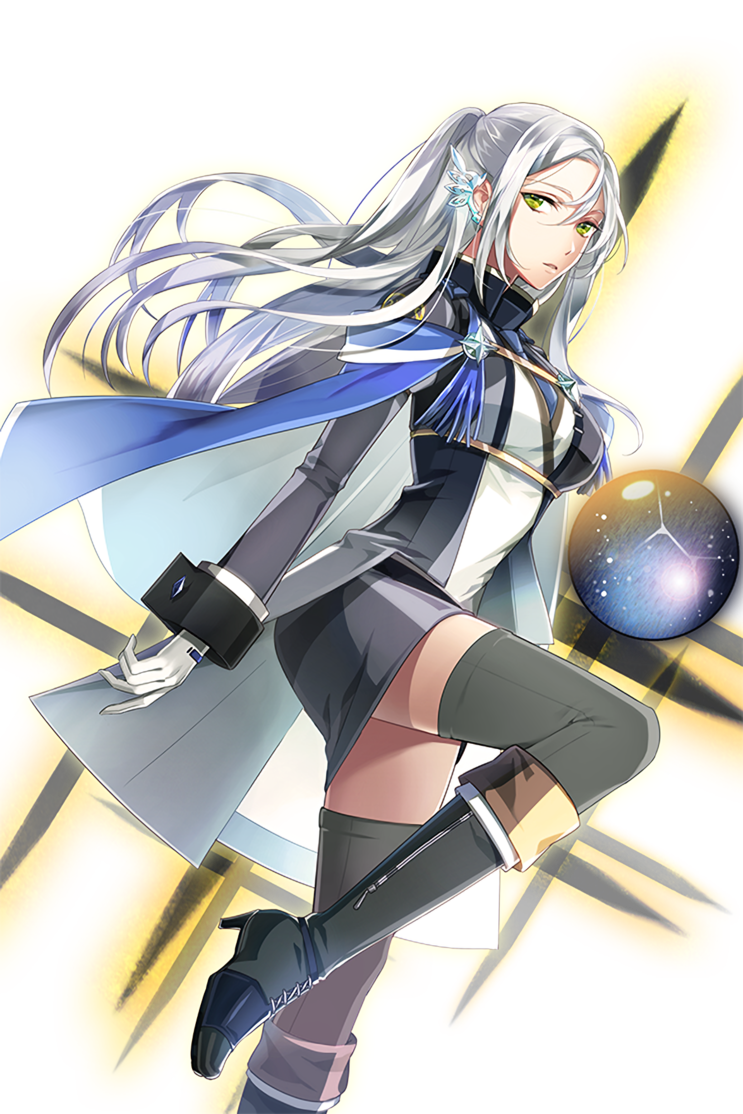 1girl arm_at_side black_background black_legwear blue_cape blue_ribbon boots cape earrings gloves green_eyes jewelry knee_boots long_hair looking_at_viewer mariel_(soccer_spirits) official_art pencil_skirt ponytail ribbon sidelocks simple_background skirt soccer_spirits solo thigh-highs tuuuh very_long_hair white_gloves white_hair