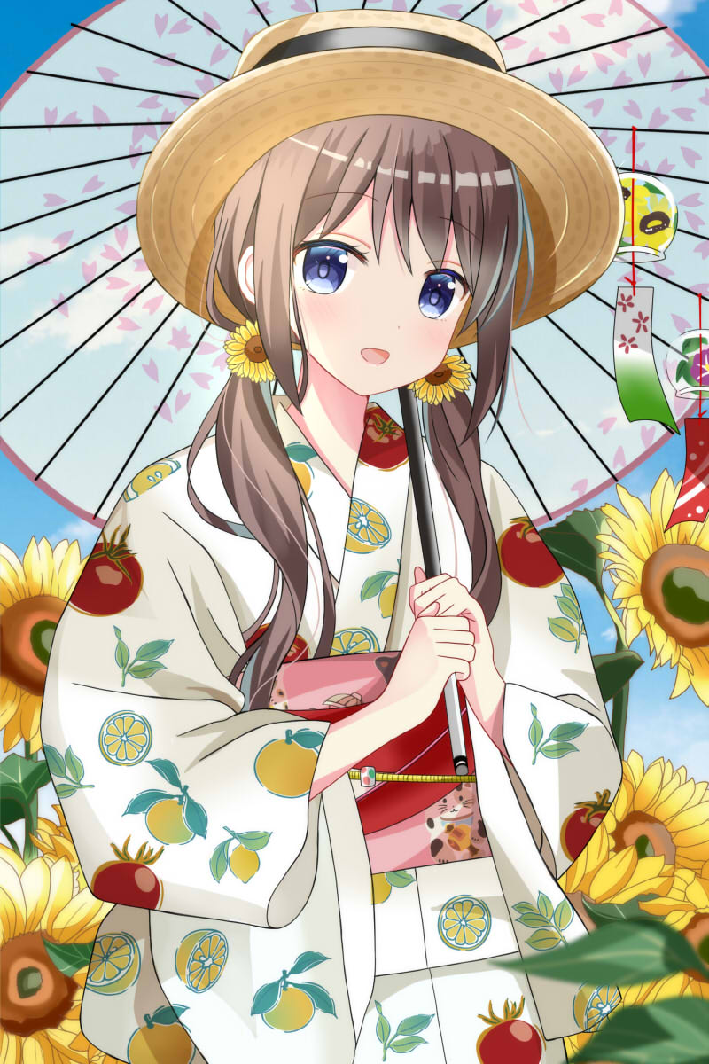 1girl :d bangs blue_eyes blue_sky blurry blurry_foreground blush brown_hair brown_headwear clouds commentary_request day depth_of_field eyebrows_visible_through_hair flower food_print hair_between_eyes hair_flower hair_ornament highres holding holding_umbrella japanese_clothes kimono lemon_print long_hair long_sleeves looking_at_viewer low_twintails obi open_mouth oriental_umbrella original outdoors print_kimono revision ryoutan sash sky smile snowflake_hair_ornament solo sunflower transparent transparent_umbrella twintails umbrella upper_body white_kimono wide_sleeves wind_chime yellow_flower