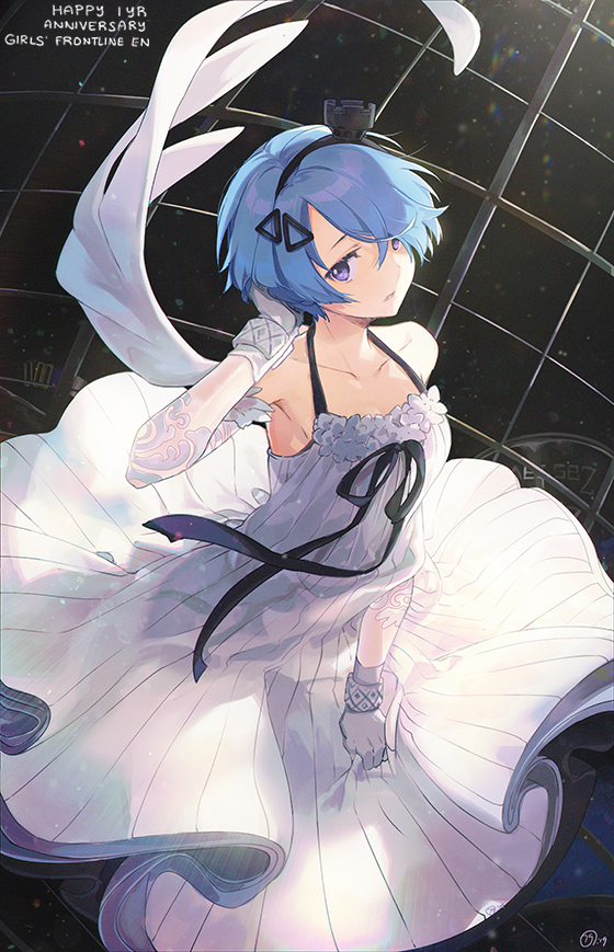 1girl ahoge bangs bare_shoulders blue_hair blush collarbone dress earrings girls_frontline gloves hair_ornament hand_on_own_head jewelry looking_at_viewer nagu orange_eyes parted_lips short_hair signature skirt_hold solo strapless strapless_dress wedding_dress white_dress white_gloves wind wind_lift zas_m21_(girls_frontline)