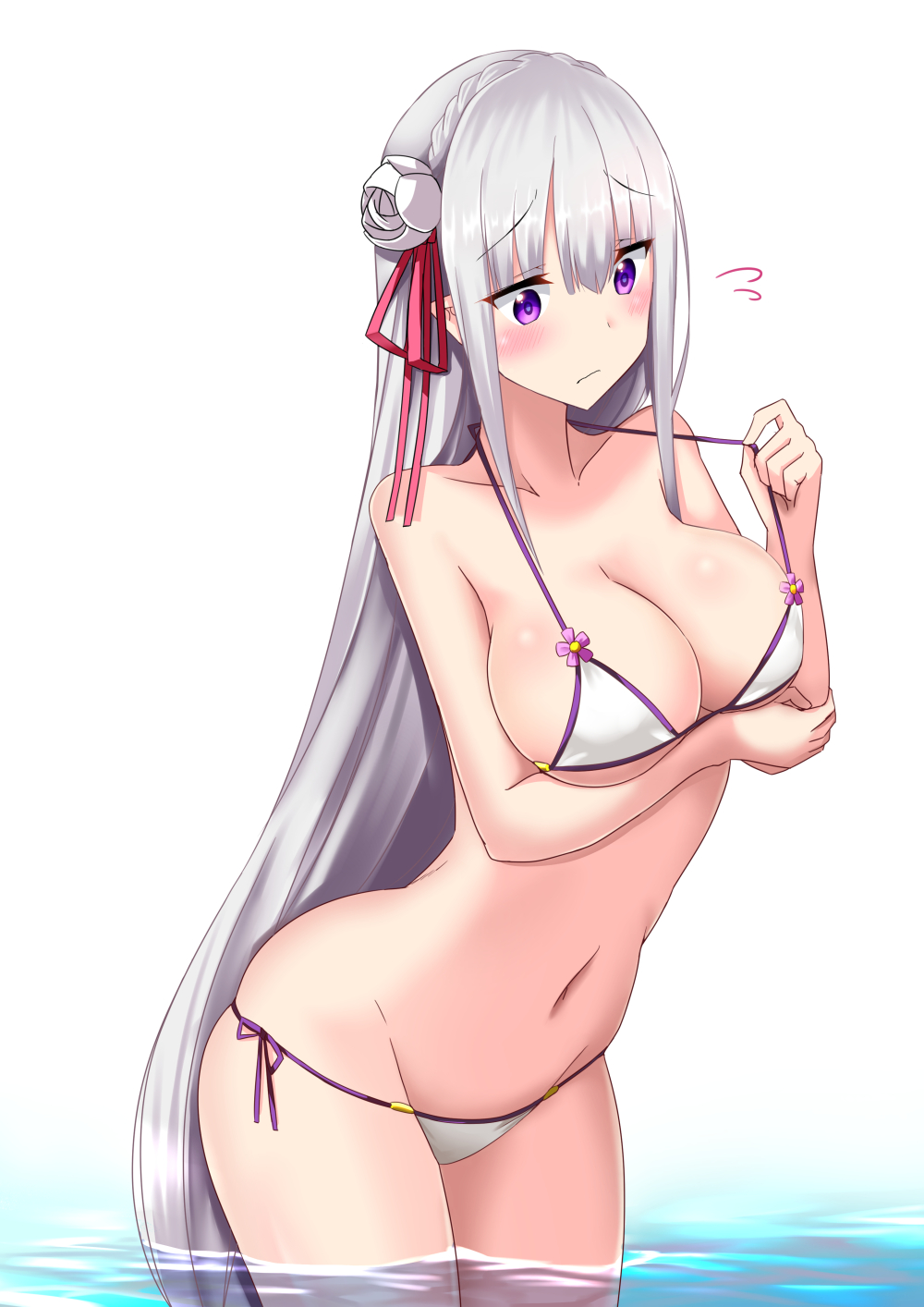 1girl bikini blush breasts closed_mouth collarbone commentary_request emilia_(re:zero) eyebrows_visible_through_hair hair_ribbon highres large_breasts long_hair minato_yoshihiro navel partially_submerged re:zero_kara_hajimeru_isekai_seikatsu red_ribbon ribbon side-tie_bikini silver_hair simple_background solo swimsuit violet_eyes water white_background white_bikini