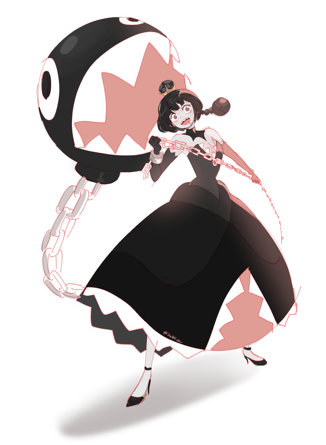 ayshiun bangs black_dress black_footwear black_gloves blunt_bangs bob_cut broken broken_chain chain chain_chomp chains cuffs dress elbow_gloves gloves highres looking_at_viewer super_mario_bros. nintendo princess_chain_chomp shackles strapless strapless_dress super_crown