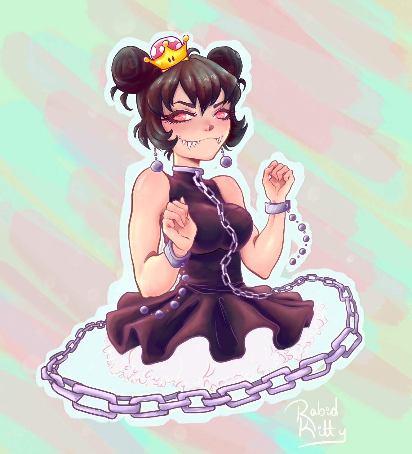 bare_shoulders black_dress black_hair breasts chains cuffs devynnekole double_bun dress highres looking_at_viewer super_mario_bros. nintendo princess_chain_chomp red_eyes shackles sharp_teeth sleeveless sleeveless_dress smile super_crown teeth white_frills