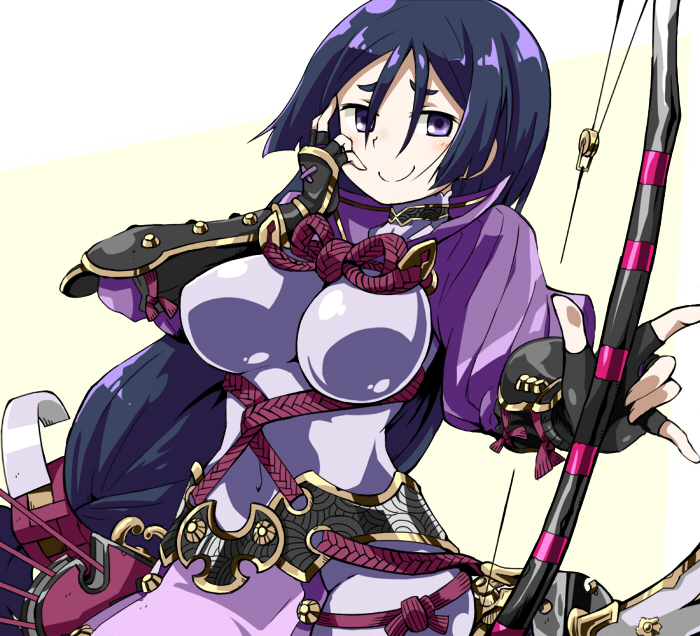 1girl armor black_gloves blue_hair bodysuit bow_(weapon) breasts closed_mouth covered_navel dark_blue_hair fate/grand_order fate_(series) furrowed_eyebrows gloves hair_between_eyes hand_on_own_face hand_up holding holding_bow_(weapon) holding_weapon japanese_armor kote loincloth long_hair looking_at_viewer low-tied_long_hair medium_breasts minamoto_no_raikou_(fate/grand_order) n36hoko pelvic_curtain purple_bodysuit smile solo very_long_hair violet_eyes weapon