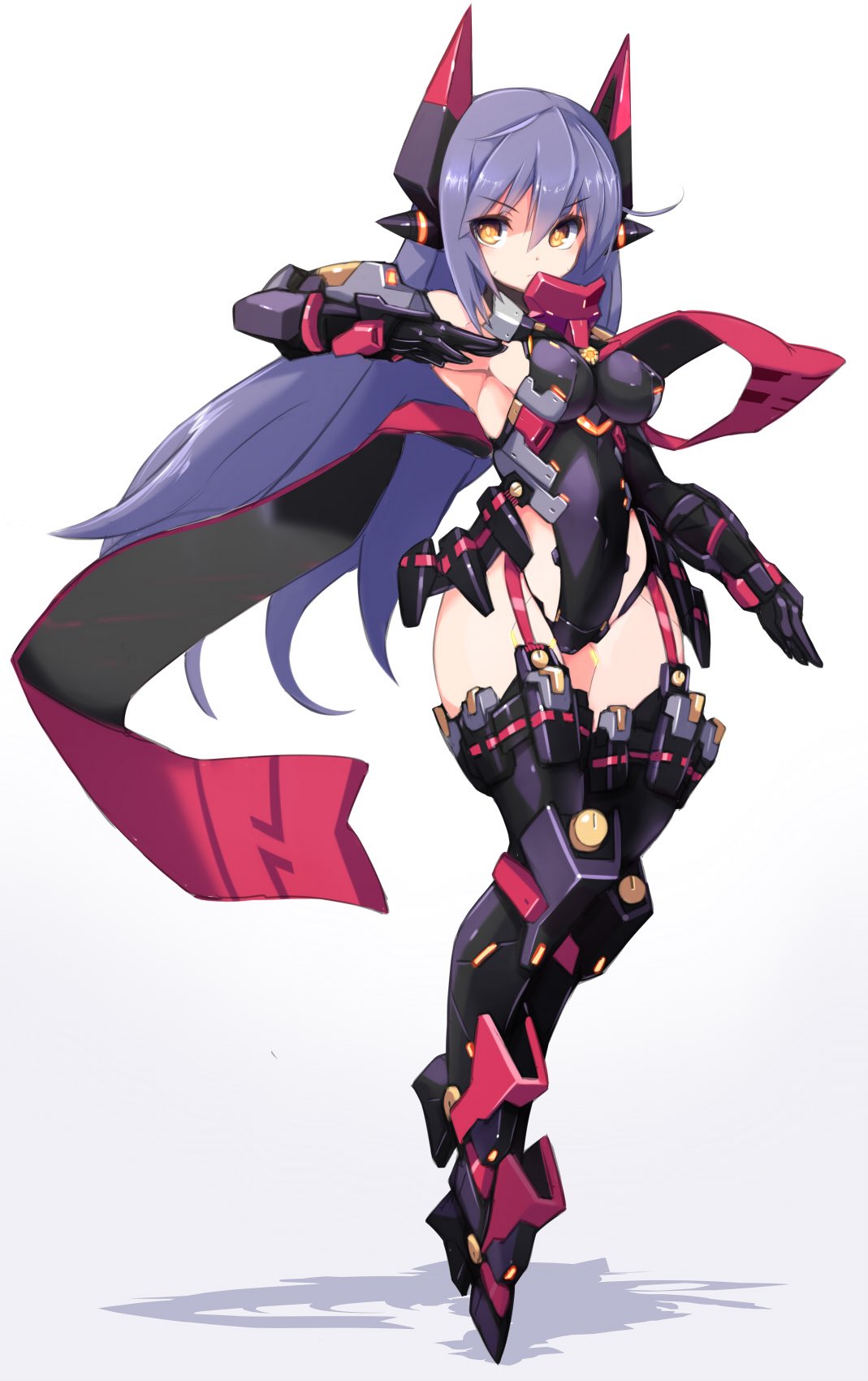 1girl android bangs breasts gloves hana_(xenoblade) hana_jd highleg highleg_leotard highres karukan_(monjya) leotard long_hair looking_at_viewer mecha_musume nintendo orange_eyes purple_hair robot_joints smile solo spoilers super_smash_bros. xenoblade_(series) xenoblade_2 yellow_eyes