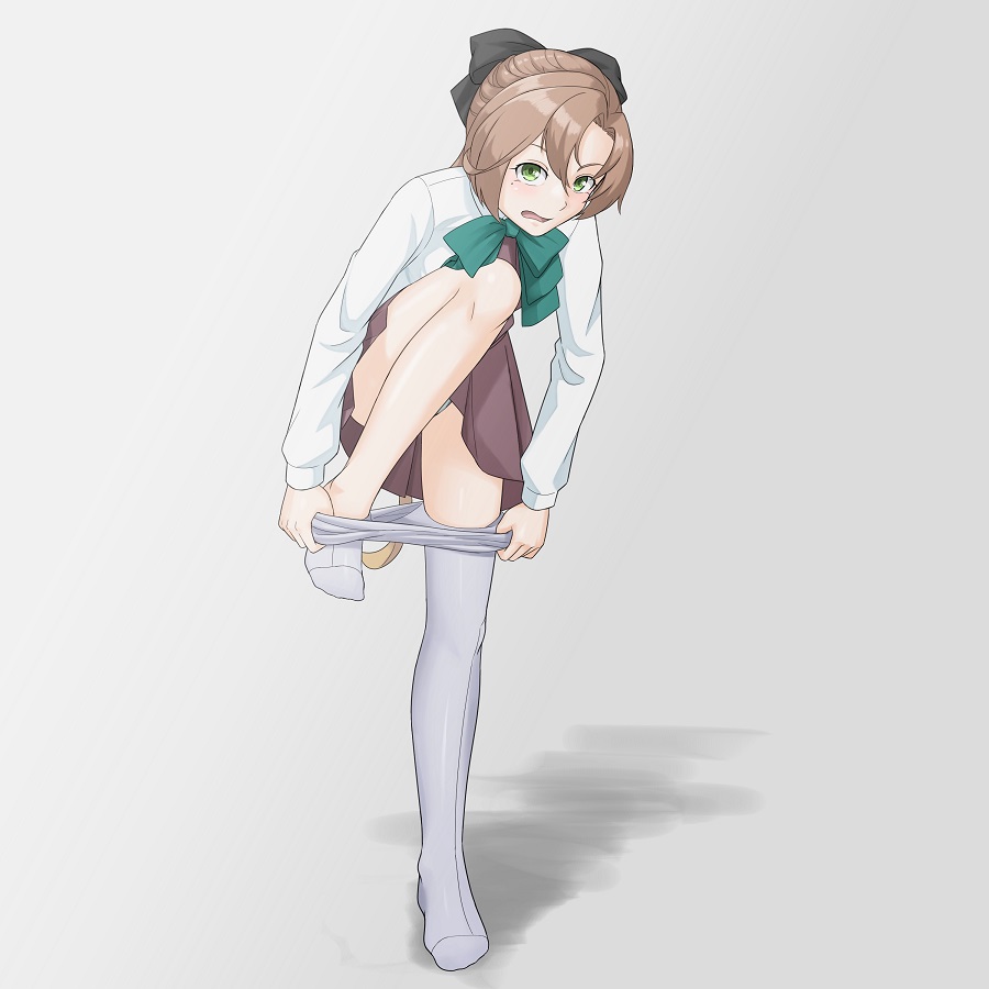 1girl akigumo_(kantai_collection) blush brown_hair dressing green_eyes grey_legwear hair_ribbon kantai_collection kito_3_tyoki-tyoki legs long_hair looking_at_viewer mole mole_under_eye panties pantyhose pantyhose_pull pleated_skirt ponytail ribbon school_uniform simple_background skirt thighs underwear