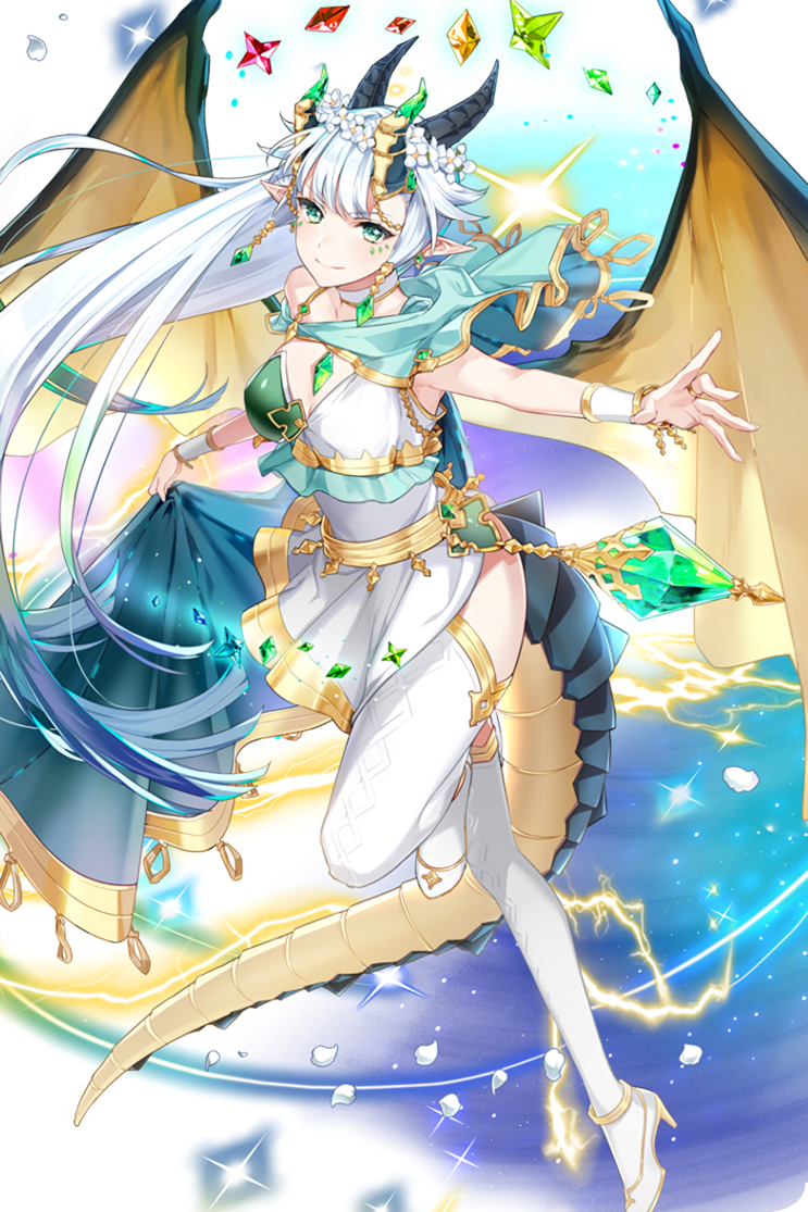 1girl aiolos_(soccer_spirits) aqua_eyes breasts cleavage dragon_horns dragon_tail dragon_wings dress earrings flower gem green_eyes head_wreath high_heels horns jewelry long_hair looking_at_viewer medium_breasts official_art pointy_ears skirt skirt_hold smile soccer_spirits solo standing standing_on_one_leg tail thigh-highs tuuuh very_long_hair white_dress white_hair white_skirt wings