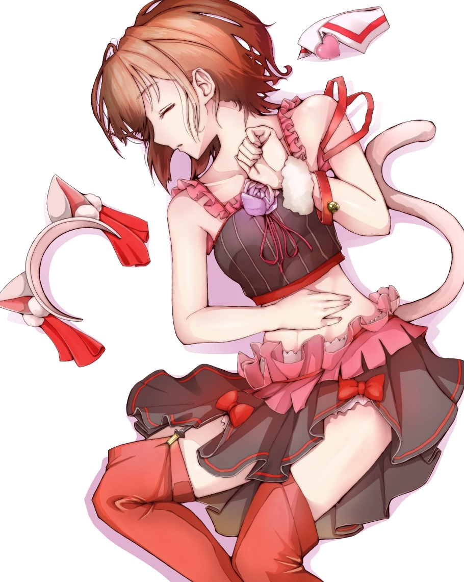 1girl animal_ears boots bracelet brown_hair cat_ears closed_eyes collarbone fake_animal_ears flower garter_straps grey_skirt hairband_removed hand_on_own_stomach idolmaster idolmaster_cinderella_girls jewelry kinpun_(fgxdw447) lying maekawa_miku midriff miniskirt neck_ribbon on_back over_the_collar parted_lips pleated_skirt purple_flower purple_rose red_footwear red_ribbon ribbon rose short_hair simple_background skirt sleeping sleeves solo stomach thigh-highs thigh_boots white_background wrist_cuffs