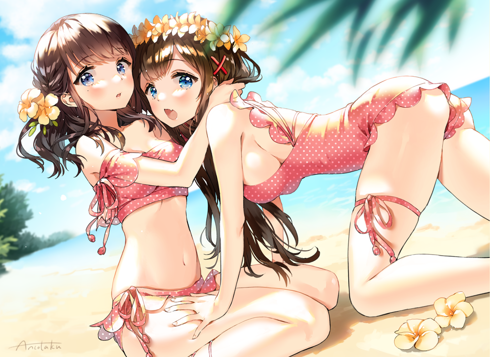 2girls :o all_fours ancotaku artist_name ass bare_arms bare_shoulders beach bikini blue_eyes blue_sky blurry blurry_foreground blush breasts brown_hair cleavage clouds cloudy_sky collarbone commentary_request day depth_of_field dutch_angle eyebrows_visible_through_hair fang female flower hair_flower hair_ornament head_wreath horizon large_breasts leaf long_hair looking_at_viewer medium_breasts mole mole_under_eye multiple_girls navel ocean one-piece_swimsuit open_mouth original outdoors parted_lips pink_bikini pink_swimsuit polka_dot polka_dot_bikini polka_dot_swimsuit sand shadow shiny shiny_hair short_hair side-tie_bikini sidelocks signature sitting skindentation sky stomach sunlight swimsuit thigh_strap thighs wariza water wavy_hair x_hair_ornament yellow_flower