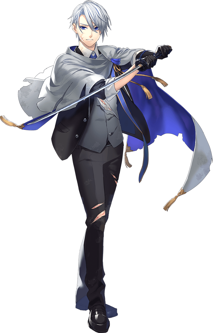 1boy black_gloves blood blue_eyes cape collared_shirt full_body gloves highres injury katana male_focus official_art pants shirt silver_hair sword tassel toichi_(ik07) torn_clothes torn_pants torn_shirt touken_ranbu transparent_background weapon yamanbagiri_chougi