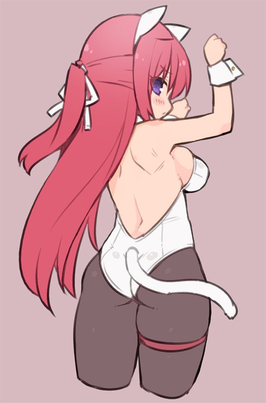 1girl animal_ears arms_up ass black_legwear breasts cat_ears cat_tail cropped_legs fake_animal_ears from_behind hair_ribbon large_breasts leotard long_hair looking_back one_side_up pantyhose paw_pose pink_background profile redhead ribbon sideboob sidelocks simple_background solo starmine_(manga) strapless strapless_leotard stroma tail thigh_strap very_long_hair violet_eyes wrist_cuffs