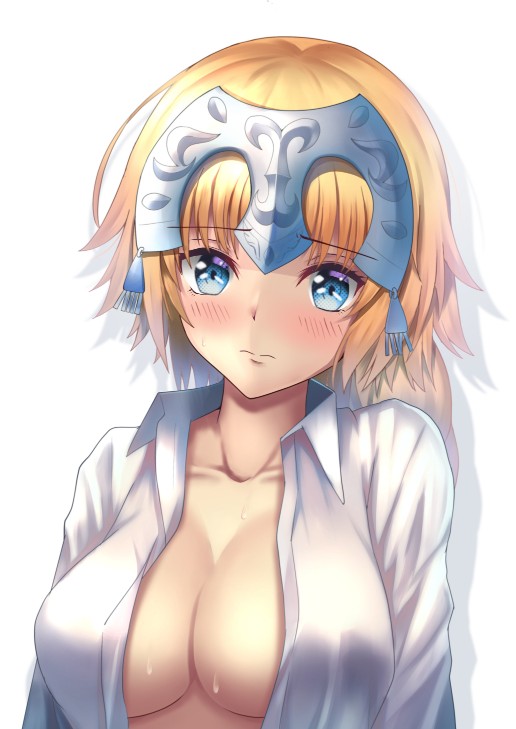 1girl blonde_hair blue_eyes blush braid breasts cleavage collarbone dress_shirt fate/grand_order fate_(series) headpiece jeanne_d'arc_(fate) jeanne_d'arc_(fate)_(all) large_breasts long_braid long_hair looking_at_viewer mishiro0229 open_clothes open_shirt shirt simple_background single_braid solo sweat white_background