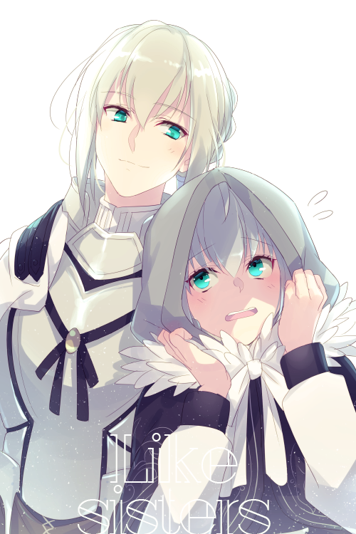 1boy 1girl ahoge armor bedivere blush cape cis05 cloak closed_mouth commentary_request english_text eyebrows_visible_through_hair fate/grand_order fate_(series) fur-trimmed_cloak fur_trim gray_(lord_el-melloi_ii) green_eyes grey_hair hair_between_eyes height_difference hood hood_up hooded_cloak knight long_hair looking_at_another lord_el-melloi_ii_case_files open_mouth ponytail ribbon short_hair silver_hair simple_background smile teeth white_background white_ribbon