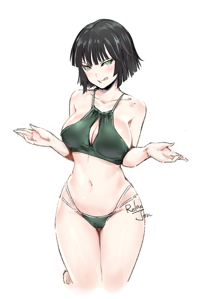 1girl :q artist_name bangs bare_arms bare_shoulders bikini black_hair blunt_bangs blush breasts cleavage cleavage_cutout closed_mouth collarbone commentary_request cowboy_shot fubuki_(one-punch_man) green_bikini green_eyes hands_up large_breasts looking_at_viewer navel one-punch_man relaxjon short_hair simple_background solo stomach swimsuit thighs tongue tongue_out w_arms white_background